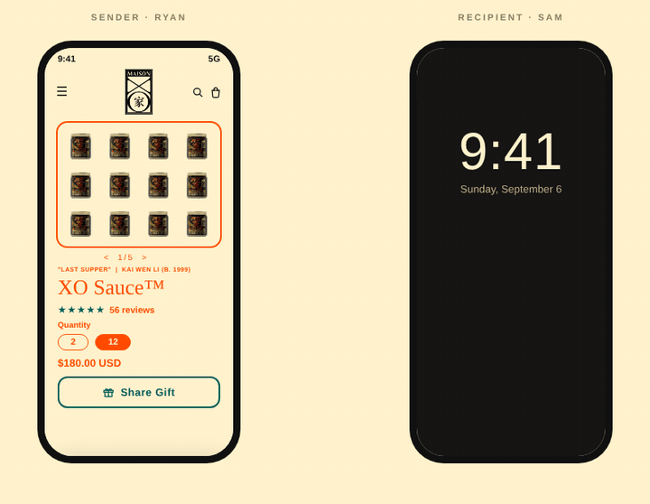Two iPhones side by side. Ryan sends a gift from the Maison XO product page; Sam gets a text, enters his own delivery address, and taps Pay it forward. The phones shift left: Sam becomes the sender and gifts Dario, who claims and pays it forward to Ryan. Ryan gets the gift text, and the loop starts over.